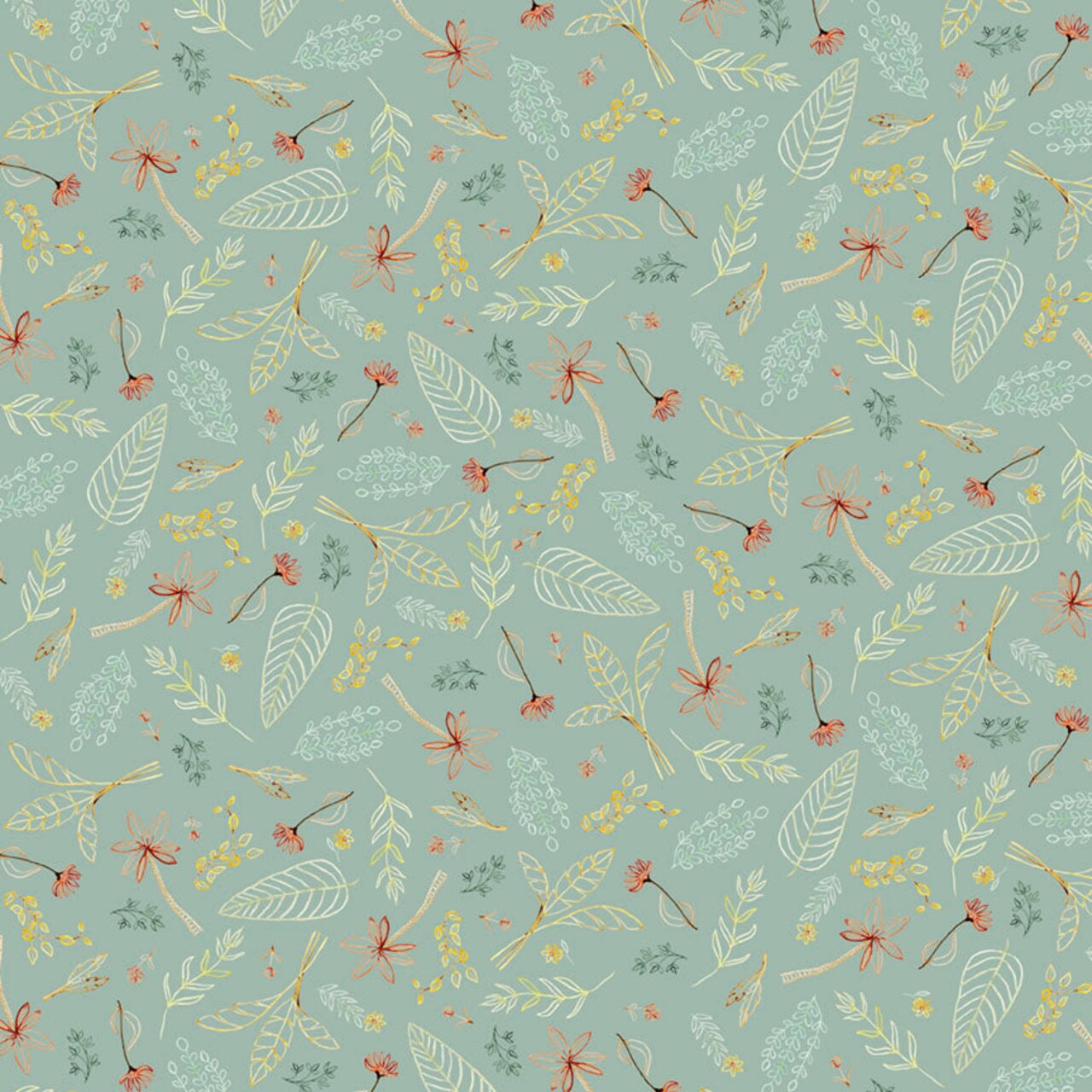 Fabric P & B Textiles Teal Tossed Leaves Mini Menagerie by the Quarter Yard MMEN6119-T